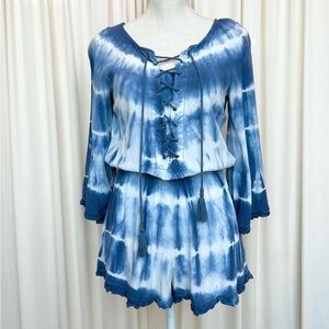 Blue Tie Dye, Elastic Waist, Long Bell Sleeve Romper - Small
